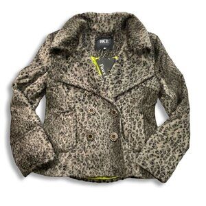 BKE Jacket Womens L Animal Print Faux Fur Gray Peacoat Double Breasted Cheetah